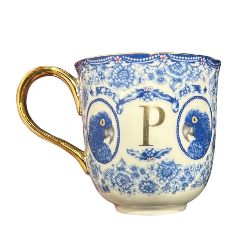 Anthropologie x Lou Rota Nature Table Monogram P Mug Blue Gold Handle